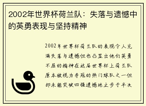 2002年世界杯荷兰队:失落与遗憾中的英勇表现与坚持精神