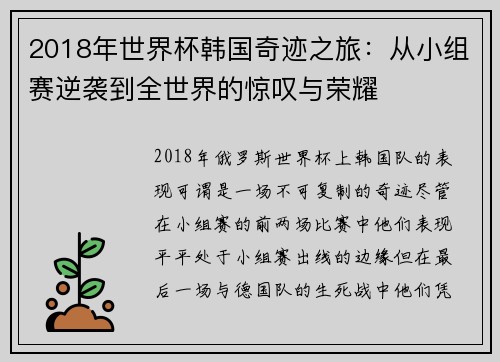 2018年世界杯韩国奇迹之旅：从小组赛逆袭到全世界的惊叹与荣耀