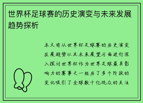 世界杯足球赛的历史演变与未来发展趋势探析