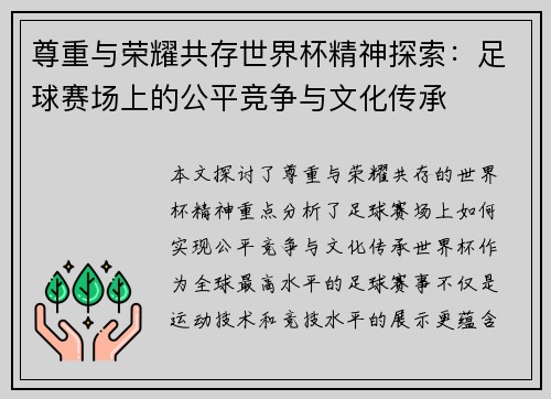 尊重与荣耀共存世界杯精神探索:足球赛场上的公平竞争与文化传承