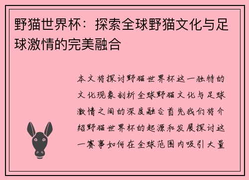 野猫世界杯：探索全球野猫文化与足球激情的完美融合